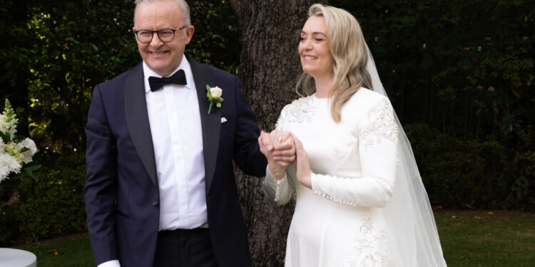 Australian Prime Minister Anthony Albanese, left, and Jodie Haydon smile after getting married in Canberra, Saturday, Nov. 29, 2025.(Mike Bowers/Pool Photo via AP)