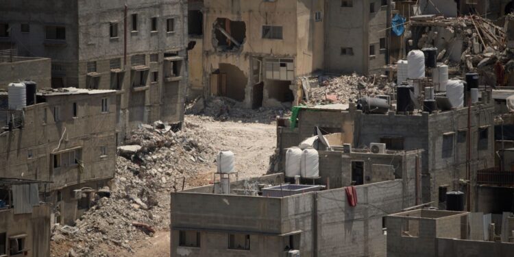 Destroyed houses during the Israeli forces ground operations are seen at the Nur Shams refugee camp, in the West Bank city of Tulkarem, Wednesday, July 2, 2025. (AP Photo/Leo Correa)